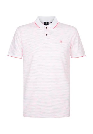 Weißes kurzärmeliges Poloshirt mit dünnen rosa horizontalen Streifen, zwei braunen Knöpfen, rosa eingefasstem Kragen und Ärmeln sowie kleinem rosa Logo auf der Brust.