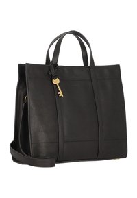 Borsa a mano in pelle nera con design strutturato, doppie maniglie superiori, tracolla regolabile e un dettaglio decorativo a forma di chiave dorata.