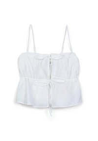 Top cropped bianco in cotone con spalline regolabili, dettagli arricciati in vita e chiusura a legatura sul davanti. Texture liscia.