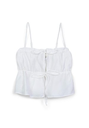 Top cropped bianco in cotone con spalline regolabili, dettagli arricciati in vita e chiusura a legatura sul davanti. Texture liscia.