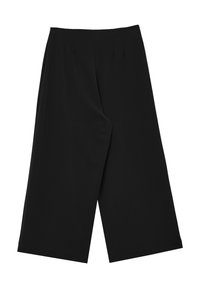 Pantalons larges noirs avec une texture lisse, dotés de plis à l'avant et d'une coupe décontractée. Les finitions de l'ourlet sont nettes et droites.