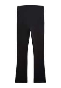 Zwarte flare leggings van gladde stof. Heeft een brede, naadloze tailleband en recht gesneden broekspijpen, zonder zichtbare patronen of hardware.