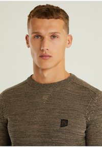 Strickpullover aus strukturiertem dunkelbraunem Stoff mit Rundhalsausschnitt und einem kleinen Logoschild auf der Brust. Verfügt über subtile horizontale Streifen.