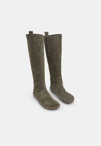 Stivali in suede verde oliva al ginocchio con una superficie liscia, cerniera laterale e suola in gomma piatta. Presentano linguette di trazione nella parte superiore.