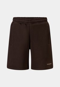 Brune bomullsshorts med elastisk midje, sidelommer og subtile logodetaljer på nedre side. Vanlig passform og jevn tekstur.