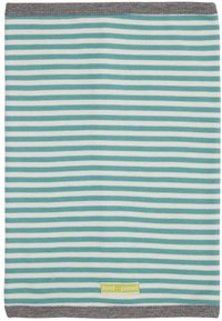 Tessuto a righe con strisce alternate di azzurro chiaro e bianco, bordato da un bordo grigio; include un'etichetta verde piccola in fondo.