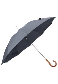 Black and gray checkered umbrella with a curved wooden handle, metallic shaft, and a sturdy canopy featuring a geometric pattern.