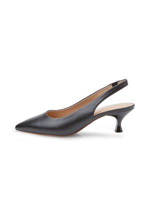 Décolleté slingback in pelle nera con punta appuntita, tacco basso decorativo, texture liscia e lati traforati. Design elegante, silhouette classica.