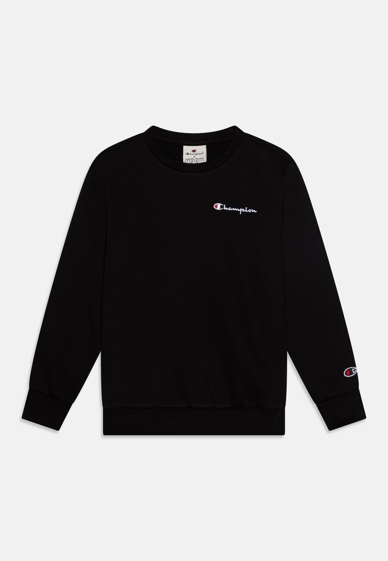 Sweat-shirt noir à manches longues avec col rond, petit logo Champion sur la poitrine gauche et le poignet de la manche, design uni, poignets et ourlet côtelés.