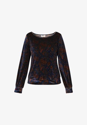 Długi rękaw garsonek w ciemnoniebieskim aksamicie z wzorem paisley w odcieniach miedzi i czerwieni, z okrągłym dekoltem i marszczonymi mankietami.