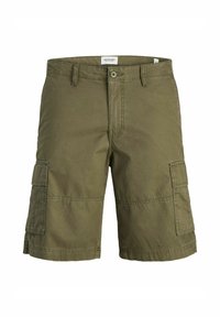 Olive green cargo shorts with multiple pockets, made of durable fabric, featuring a button closure and stitched seams. Lightweight design.