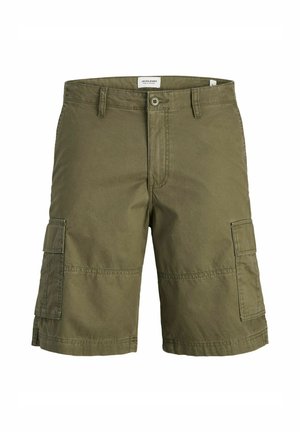 Olijf groene cargoshorts met meerdere zakken, gemaakt van duurzaam materiaal, met een knoopsluiting en gestikte naden. Lichtgewicht design.
