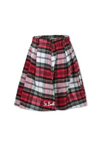 Gonna a quadri rossi, neri e bianchi con pieghe e vita elasticizzata. Presenta "St. Barth" ricamato in bianco sull'orlo.