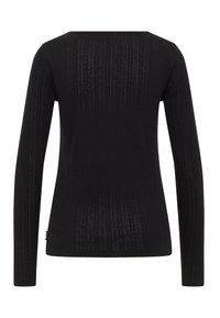 Schwarzes langärmliges, eng anliegendes Oberteil mit dezenten vertikalen Lochstreifenmustern auf dem Rücken und den Ärmeln.