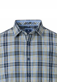 Kurzarmkarierte Hemd mit grünen, blauen und weißen Quadraten sowie einem Button-Down-Kragen. Aus leichtem Stoff gefertigt, mit einer Brusttasche.