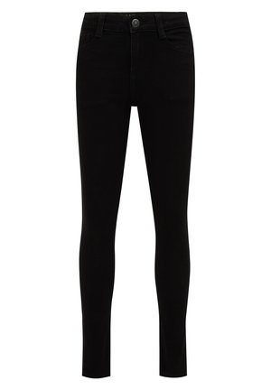 Jean skinny noir à coupe ajustée, fermeture avant par bouton et zip, passants de ceinture et deux poches devant et derrière, présenté sur fond blanc.