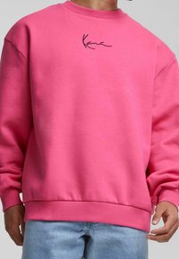 Rosa sweatshirts med rund halsringning, ribbade manschetter och nederkant. Broderad logotyp på bröstet i svart. Mjuk material med avslappnad passform.