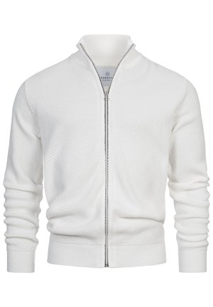 Weißer Reißverschluss-Pullover mit strukturierter Oberfläche, gerippten Bündchen und hohem Kragen mit kontrastierendem Reißverschlussdetail. Weiches Strickmaterial.