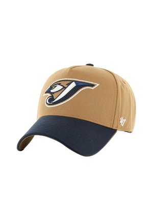 Tan baseball cap with a navy bill and embroidered bird logo in blue and brown. Features structured crown and curved visor.