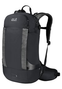 Schwarzer Rucksack mit strukturierter Oberfläche, ergonomischen Trägern, seitlichen Netztaschen und reflektierenden Akzenten. Verfügt über einen Tragegriff an der Oberseite und einen verstellbaren Hüftgurt.