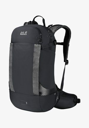 Black backpack with a textured finish, ergonomic straps, side mesh pockets, and reflective accents. Features a top handle and adjustable waistband.