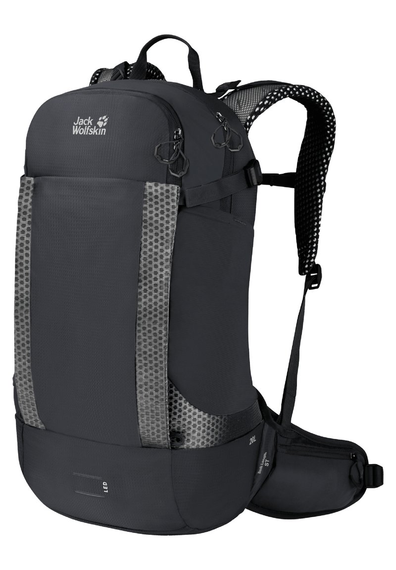 Schwarzer Rucksack mit strukturierter Oberfläche, ergonomischen Trägern, seitlichen Netztaschen und reflektierenden Akzenten. Verfügt über einen Tragegriff an der Oberseite und einen verstellbaren Hüftgurt.