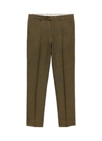 Bruine linnen broek met een rechte pijp, voorzien van een vlakke voorkant, riemlussen en een gladde textuur. Geen zichtbare patronen.