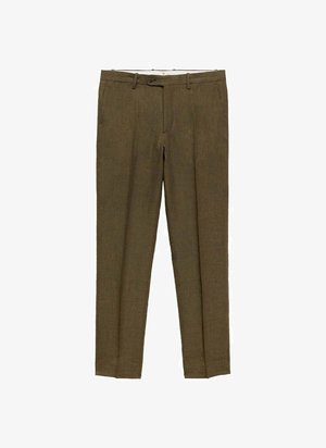 Bruine linnen broek met een rechte pijp, voorzien van een vlakke voorkant, riemlussen en een gladde textuur. Geen zichtbare patronen.