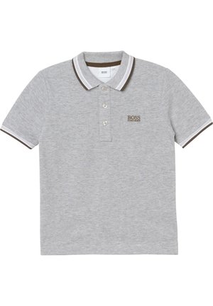 Polo shirt grigio in cotone con vestibilità classica. Presenta un colletto a due bottoni, dettagli marroni su colletto e maniche, e logo ricamato.