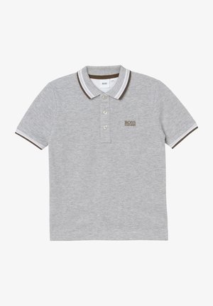 Polo gris en coton avec une coupe classique. Doté d'une patte de boutonnage à deux boutons, d'accents marron au col et aux manches, et d'un logo brodé.