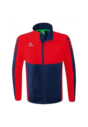Giacca zip-up rossa e blu realizzata in materiale sintetico. Presenta un colletto alto, due tasche laterali e dettagli stampati sulle maniche.