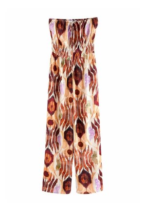 Trägerloser Jumpsuit mit elastischem Bund und mehrfarbigem abstraktem Muster in Braun-, Orange-, Lila- und Beigetönen.