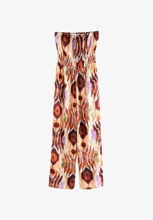 Strapless jumpsuit met elastische taille en multikleurig abstract patroon in tinten bruin, oranje, paars en beige.