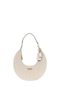 Borsa hobo realizzata in materiale beige testurizzato con un motivo intrecciato, dotata di un manico nero e accessori in tonalità oro, e un dettaglio del logo.