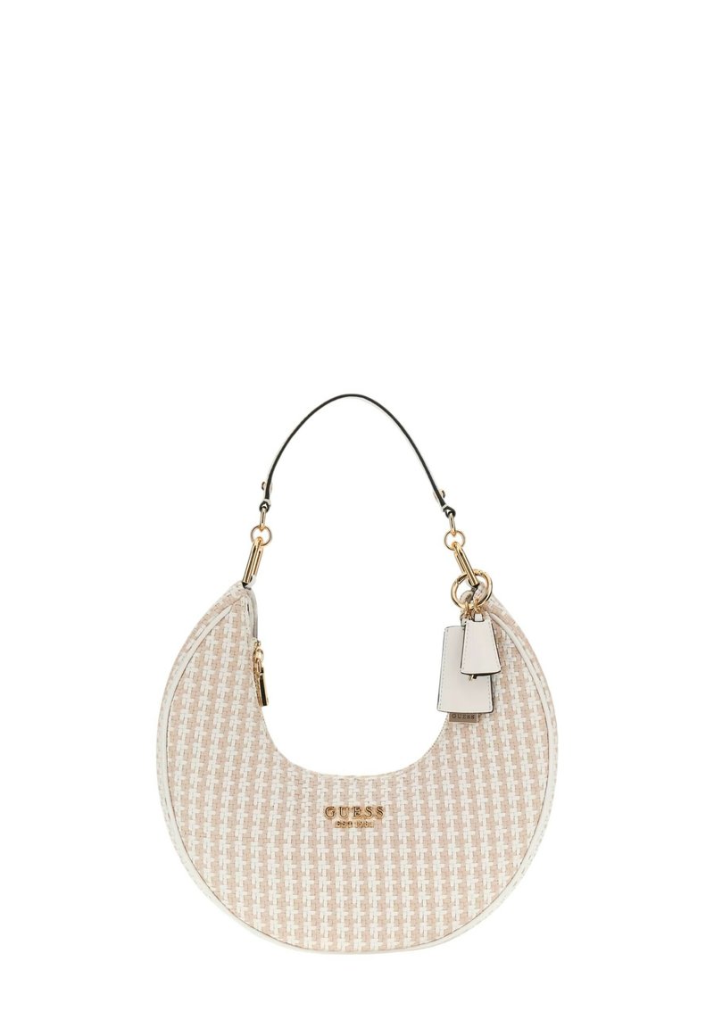 Borsa hobo realizzata in materiale beige testurizzato con un motivo intrecciato, dotata di un manico nero e accessori in tonalità oro, e un dettaglio del logo.