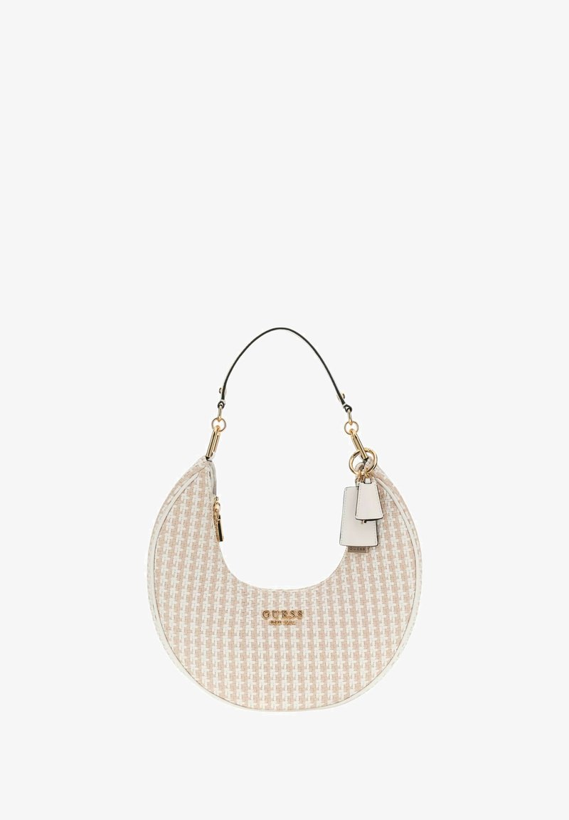 Borsa hobo realizzata in materiale beige testurizzato con un motivo intrecciato, dotata di un manico nero e accessori in tonalità oro, e un dettaglio del logo.