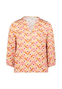 Blouse à manches longues avec motif géométrique orange, rose et beige, encolure ronde et trois boutons sur la patte de boutonnage avant.
