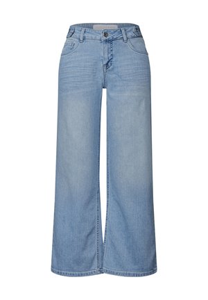 Lichtblauwe wijde spijkerbroek van denim, met een knoop- en ritssluiting, voorzakken en een ontspannen pasvorm.