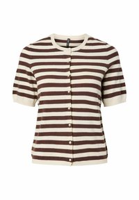 Bruin en crÃ¨me gestreepte korte mouwen cardigan met ronde halslijn, knopen aan de voorkant en zachte gebreide textuur. Bevat kleine, ronde knopen.