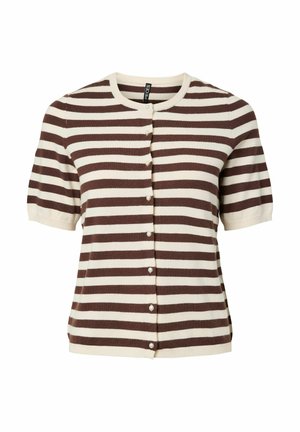 Cardigan à manches courtes rayé marron et crème avec col rond, fermeture à boutons et texture tricot douce. Présente de petits boutons ronds.