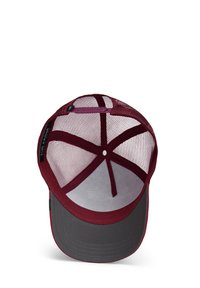 Maroon cap with gray brim, mesh back, and a snapback closure. Interior features a smooth lining and a label stitched inside.