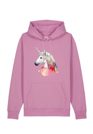 Sweat à capuche rose avec illustration d'une licorne portant une cape aux couleurs de l’arc-en-ciel, un éclair et deux étoiles jaunes à l'avant.