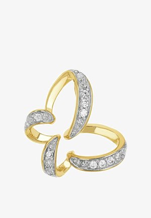Gouden en zilveren ring in de vorm van een vlinder met gestructureerde banden, versierd met heldere edelstenen aan beide zijden voor extra sprankeling en detail.