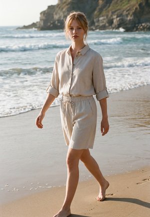 Vrouw loopt blootsvoets op een zandstrand bij de oceaangolven, gekleed in een beige blouse met knopen en bijpassende korte broek.