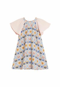 Ausgestelltes Kleid mit kurzen Ärmeln, einem hellrosa strukturierten Einsatz, einem blau gemusterten Rock mit Sonnen- und Gesichtsmotiven, weichem Stoff und knielang.