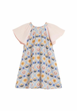 Rozšírené šaty s krátkym rukávom, svetloružovým textúrovaným sedlom, modrou vzorovanou sukňou s motívmi slnka a tváre, z jemnej látky a dĺžkou po kolená.