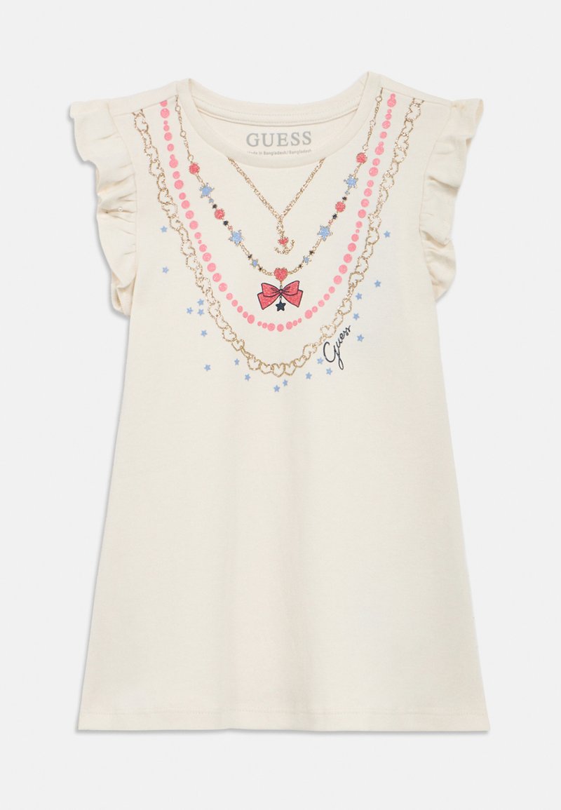 Tricou de culoare crem cu mâneci cu volane, având imprimeuri colorate în formă de coliere, inclusiv o fundă roz și stele albastre.