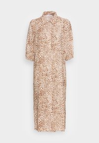 Vestito abbottonato in tessuto leggero e trasparente, con una base beige e macchie astratte marroni. Maniche a palloncino corte e colletto.