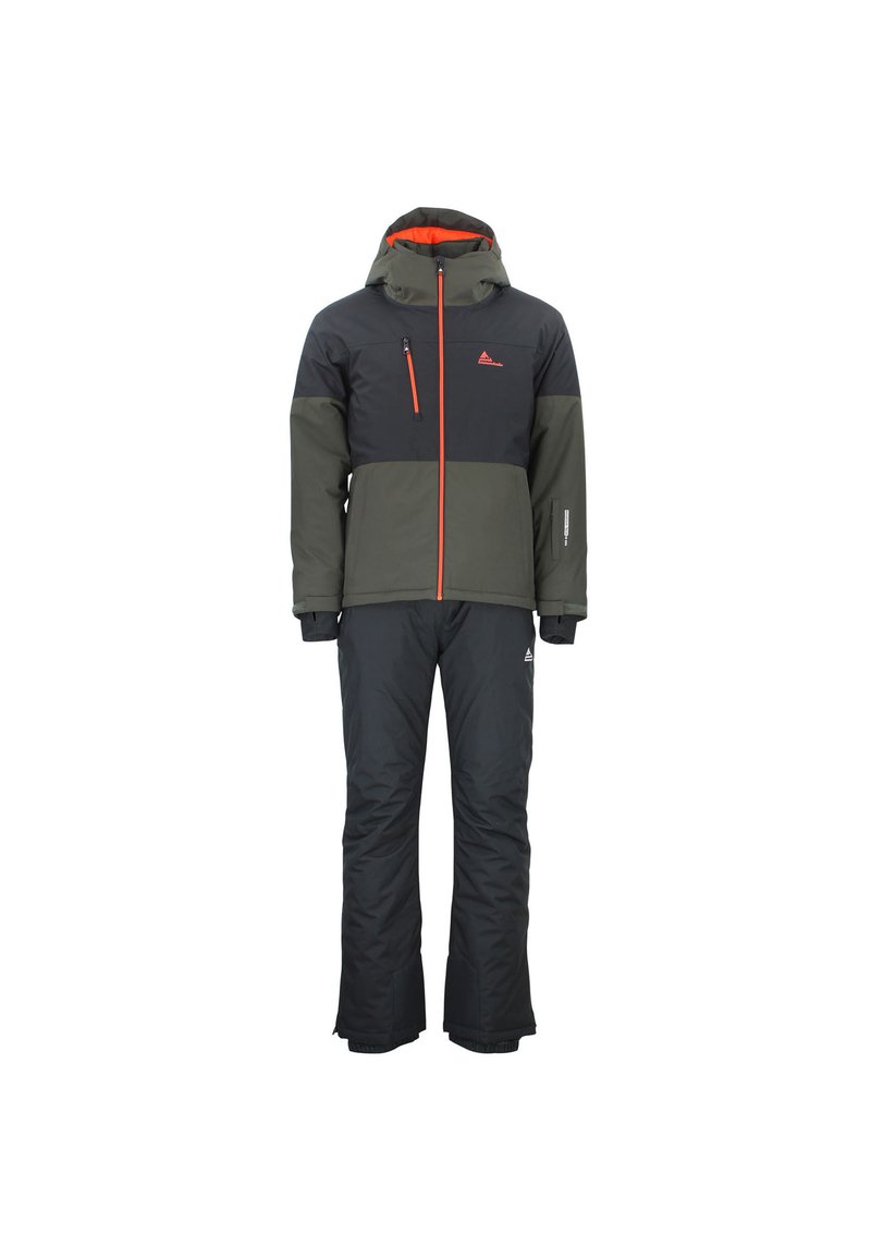 Combinaison de ski composée d'une veste noire avec des accents gris et orange, dotée de zippers et de poches, associée à un pantalon isolé assorti.