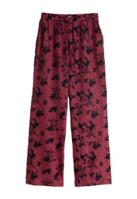 Pantaloni roșii în carouri, cu model floral negru, prevăzuți cu talie elastică, croială cu picioare largi și textură fină a materialului.